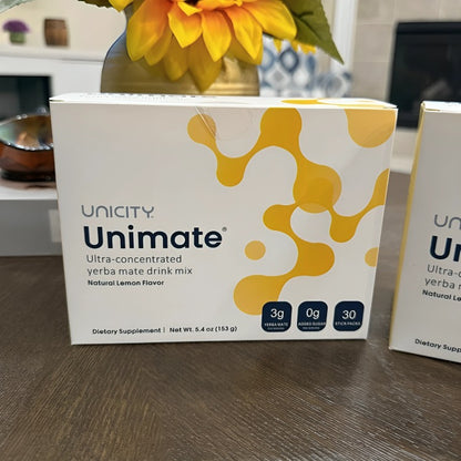 Unicity Unimate Lemon Flavor Drink Mix – 30 Stick Packs | Natural Energy &amp; Focus Supplement | Yerba Mate Wellness Drink | Exp 08/2028
