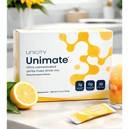 Unicity Unimate Lemon Flavor Drink Mix – 30 Stick Packs | Natural Energy &amp; Focus Supplement | Yerba Mate Wellness Drink | Exp 08/2028