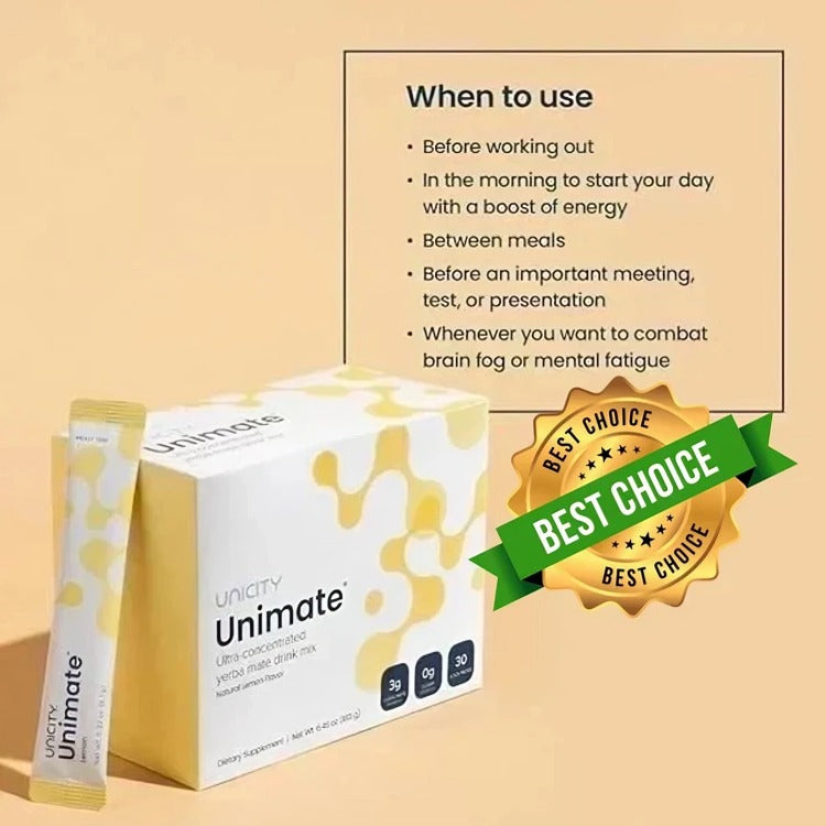 Unicity Unimate Lemon Flavor Drink Mix – 30 Stick Packs | Natural Energy &amp; Focus Supplement | Yerba Mate Wellness Drink | Exp 08/2028