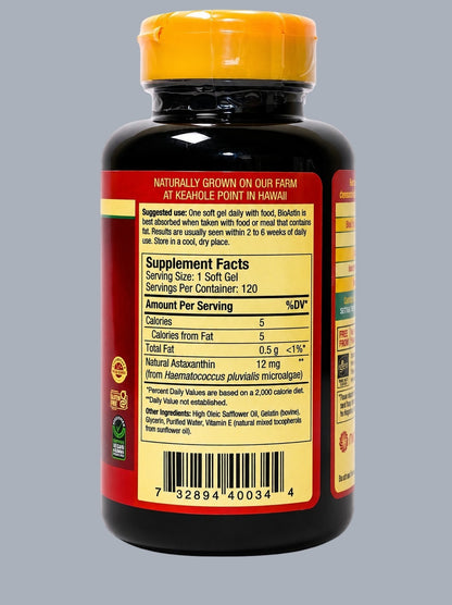 BioAstin Hawaiian Astaxanthin 12mg Natural Antioxidant Supplement – 120 Softgels | Eye, Skin &amp; Joint Support | Exp 01/2028