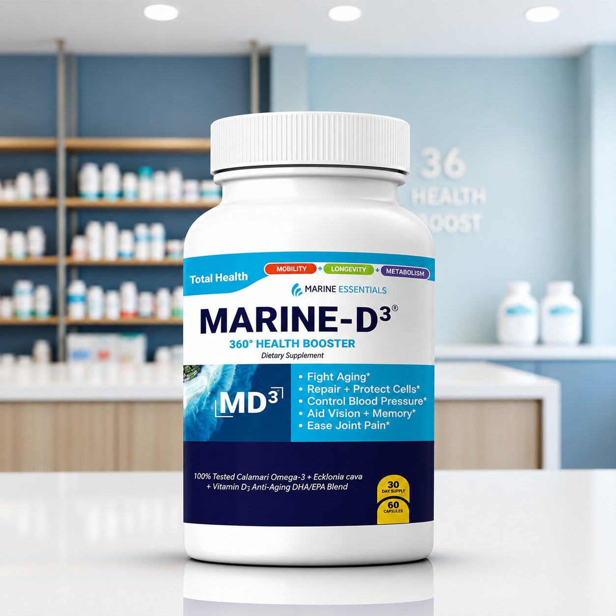 Marine Essentials Marine-D3 Omega-3 &amp; Vitamin D3 Supplement | Anti-Aging Support | 60 Capsules