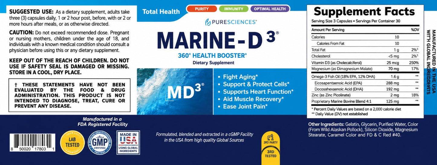 Marine Essentials Marine-D3 Omega-3 &amp; Vitamin D3 Supplement | Anti-Aging Support | 60 Capsules