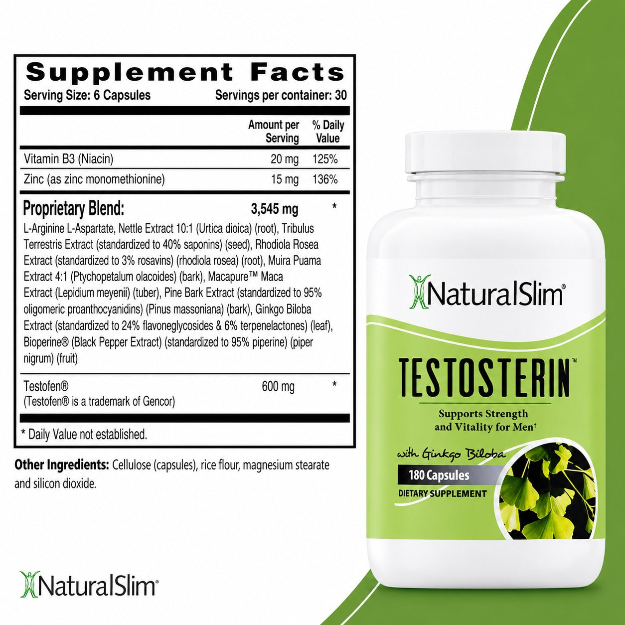 NaturalSlim Testosterin Men’s Multivitamin &amp; Herbal Testosterone Support Supplement – 180 Capsules
